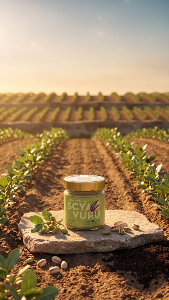 Scyavuru pistachio cream in a Sicilian pistachio orchard at sunset