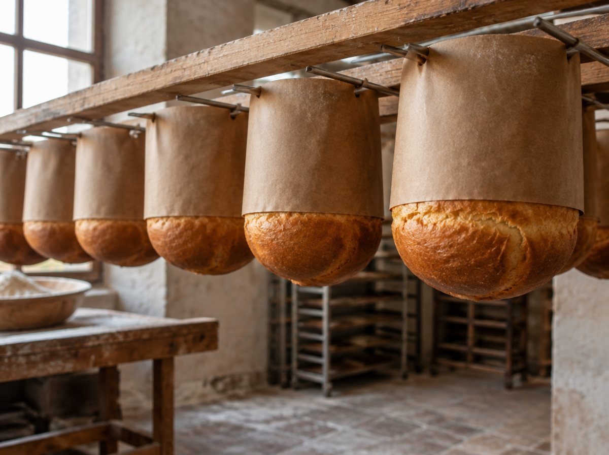 Panettoni appena sfornati appesi a testa in giù per raffreddarsi in un laboratorio