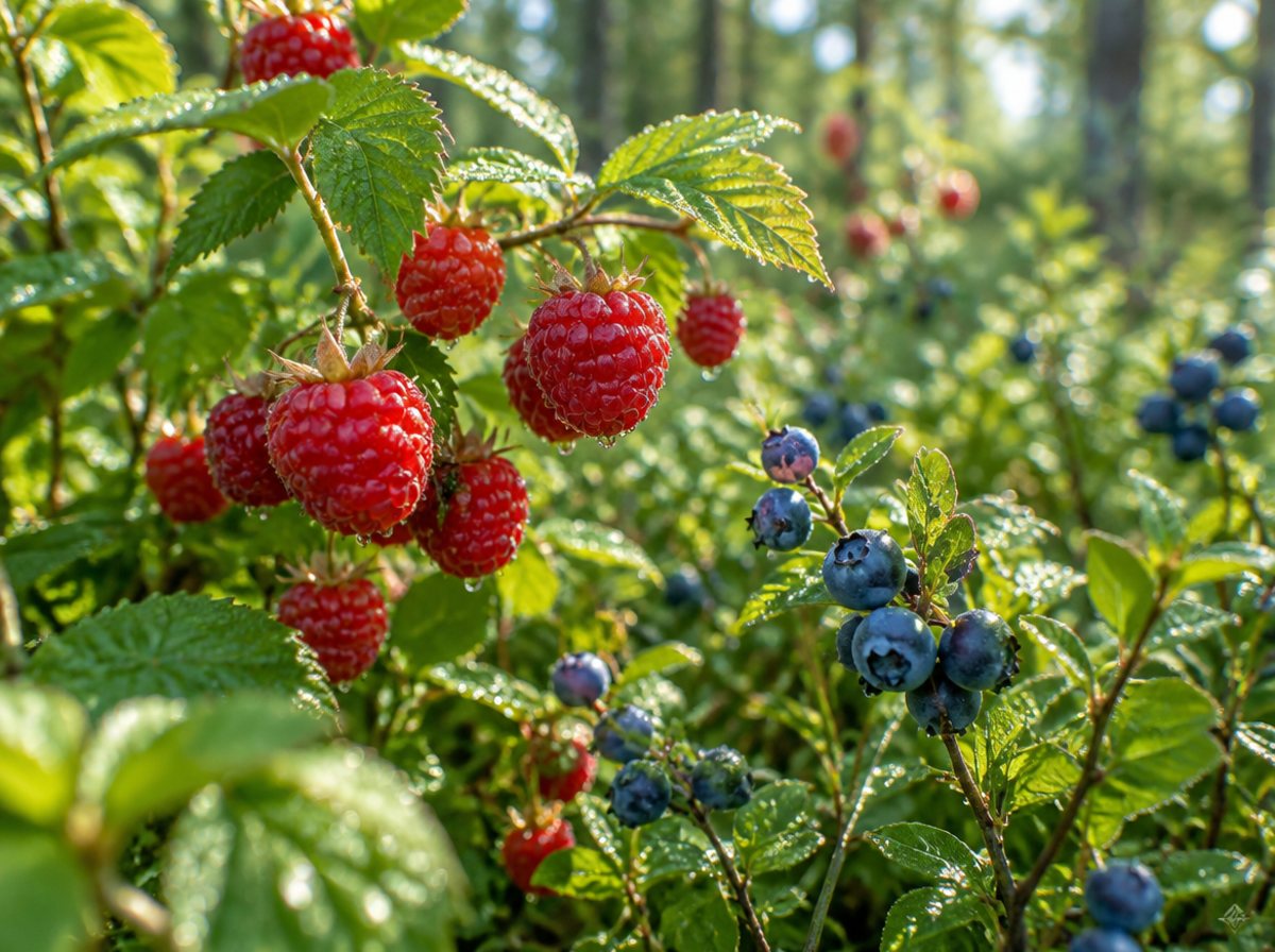 Lamponi e mirtilli maturi sui cespugli in una radura del bosco