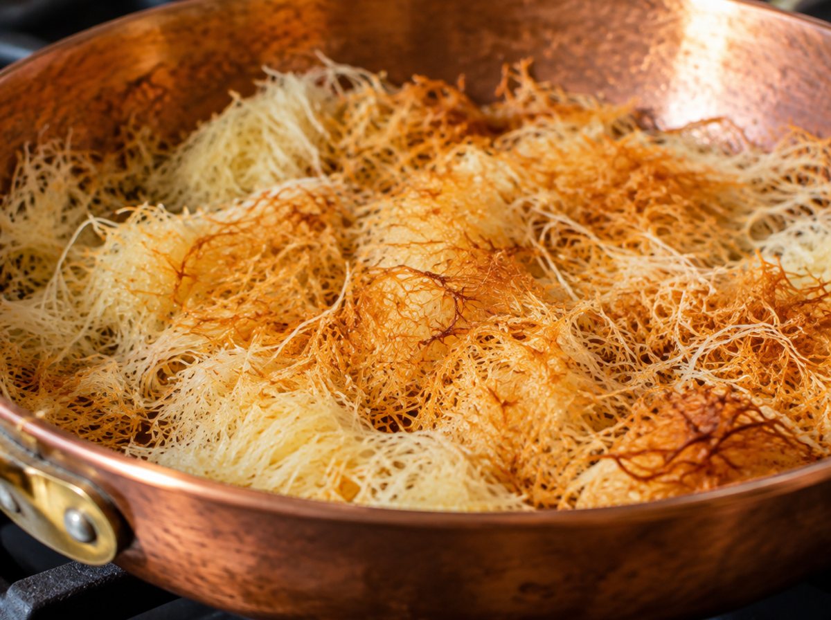 Fili dorati di pasta kataifi che si tostano in una padella di rame