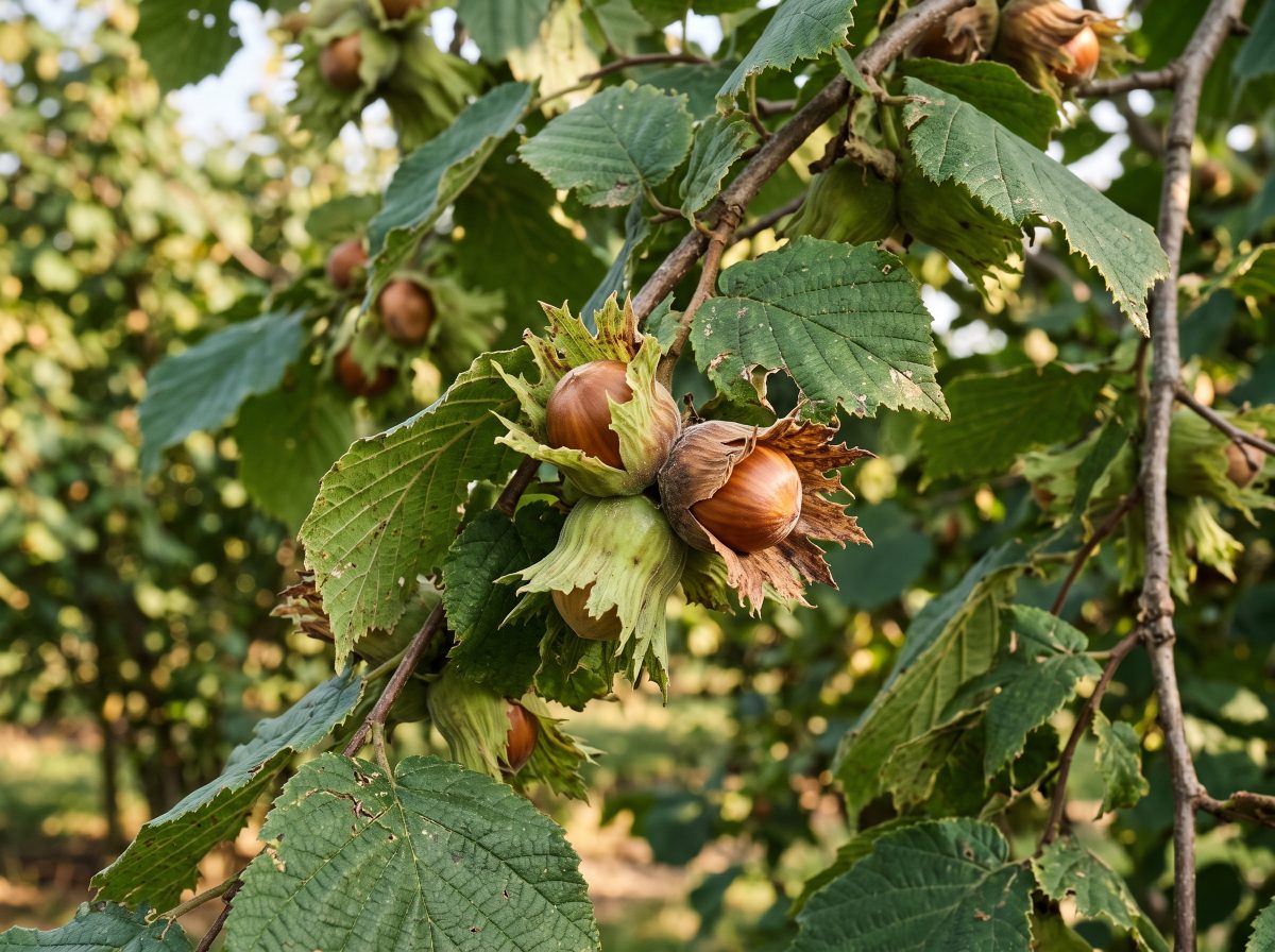 Hazel branch with ripe hazelnuts in their leafy husks