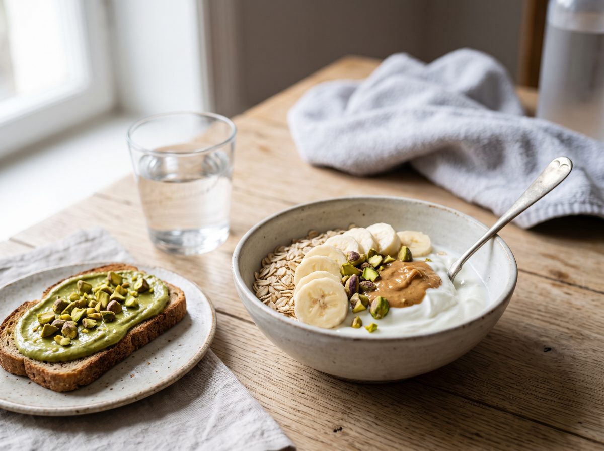 Sports breakfast with yogurt, oats, banana and nut creams