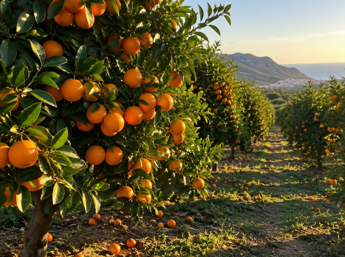 Aranceto con arance mature sugli alberi in inverno
