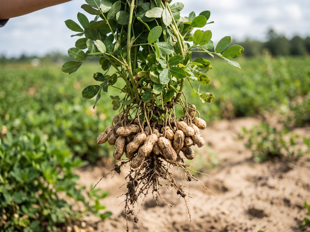 Peanut plant pulled from the soil with pods on the roots