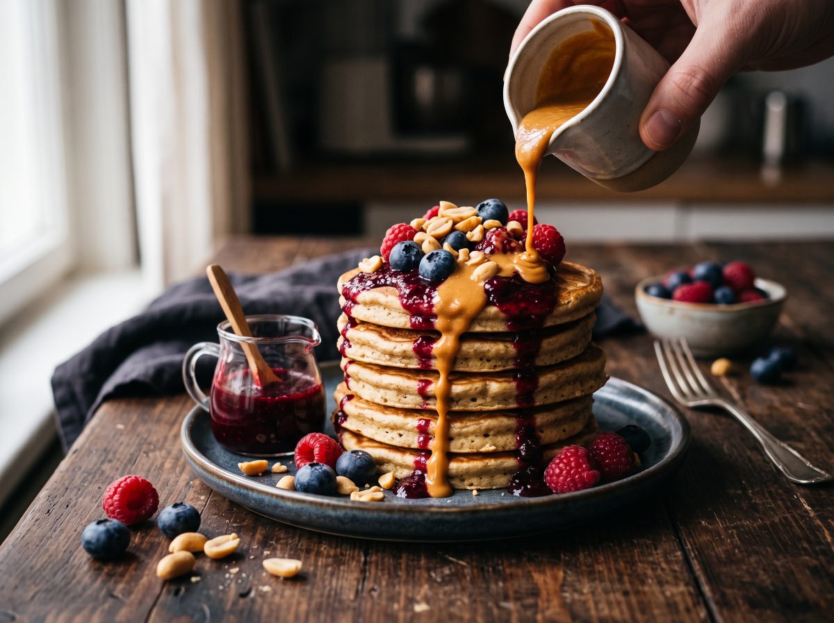 Pancakes drizzled with peanut and berry topping