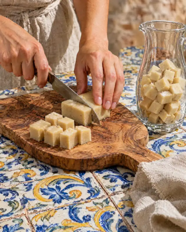 Tagliare la pasta di mandorle pura Scyavuru a cubetti su un tagliere di legno