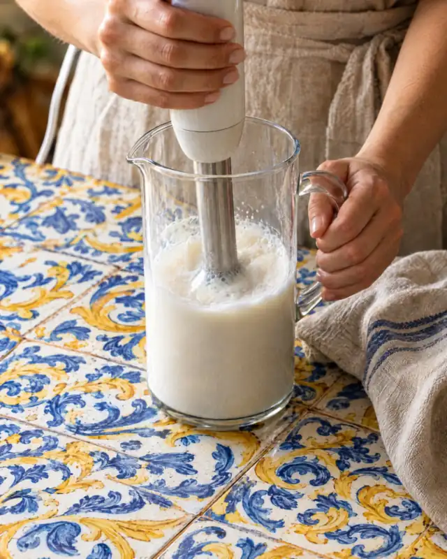Frullare pasta di mandorle, acqua e zucchero con un frullatore a immersione in una caraffa alta