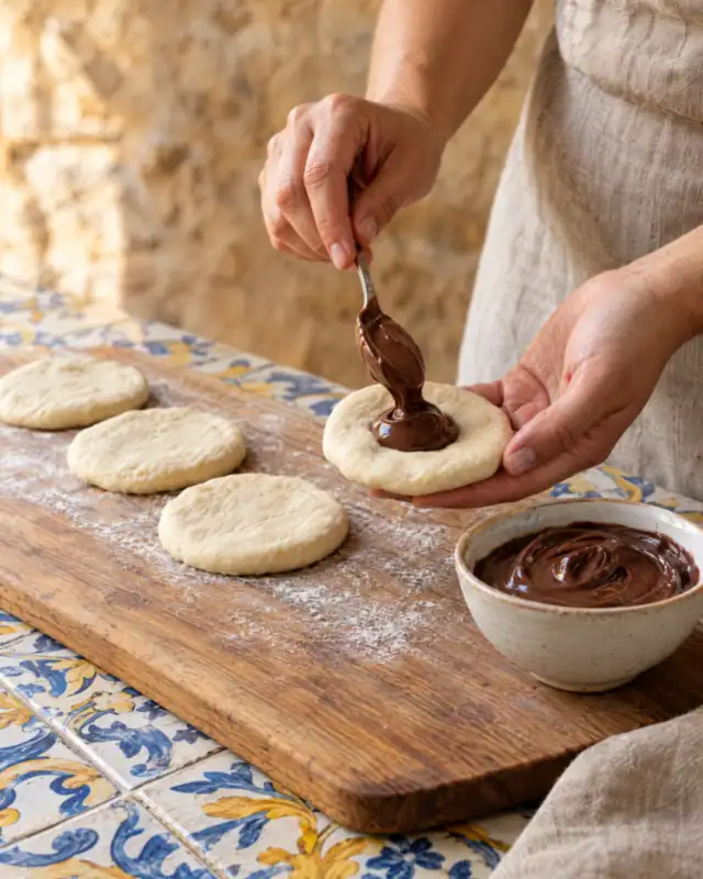 Versare un cucchiaino di crema alla nocciola e cacao su un disco di impasto appiattito