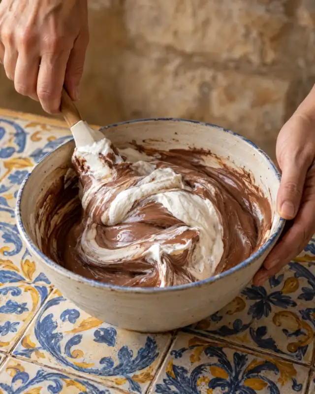 Incorporare la crema di nocciole e cacao alla panna montata in una ciotola