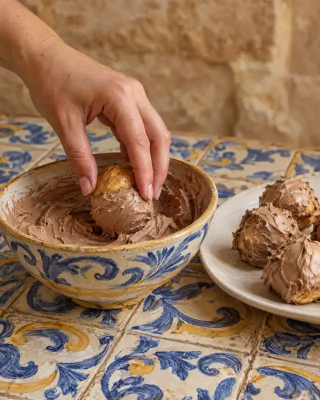 Immergere un bignè nella copertura di nocciole e cacao