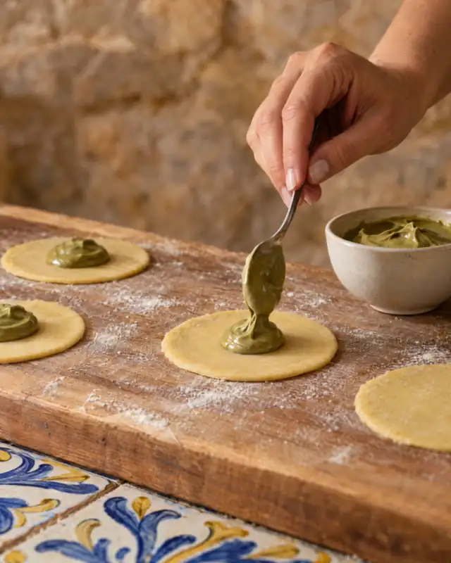 Mettere la crema al pistacchio sui dischi di impasto con un cucchiaino