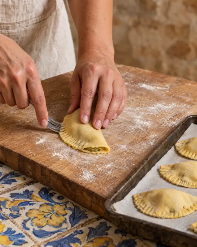 Ripiegare l'impasto sul ripieno al pistacchio e sigillare i bordi