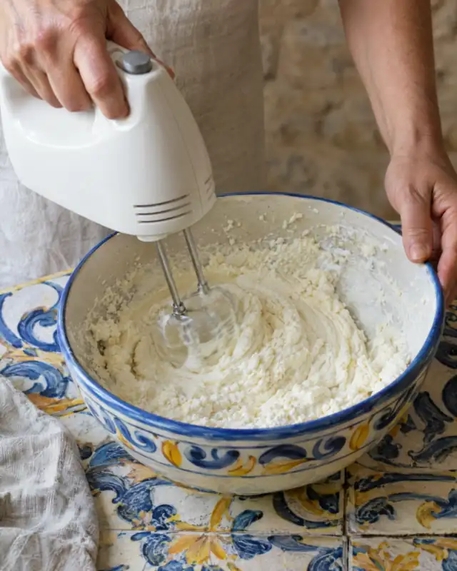 Montare ricotta e zucchero con uno sbattitore elettrico in una ciotola blu