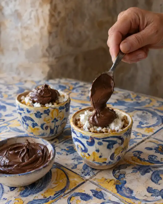 Versare la crema di nocciole e cacao sopra le coppette di cuccìa