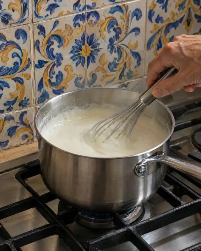 Sbattere il latte di mandorla con l'amido di mais in un pentolino sul fornello