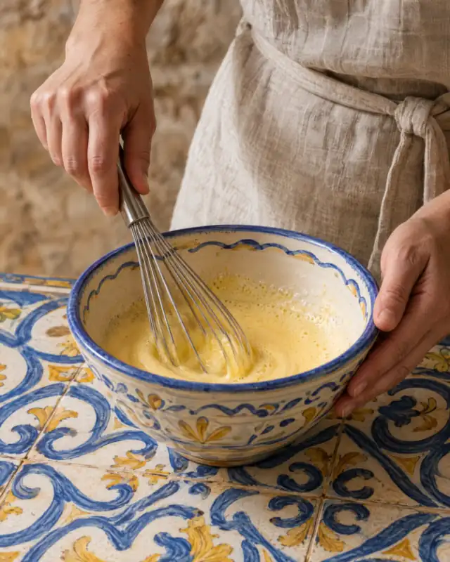 Sbattere uova, zucchero e vaniglia in una ciotola blu