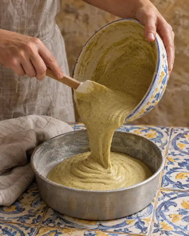Versare l'impasto della torta al pistacchio in una tortiera rotonda