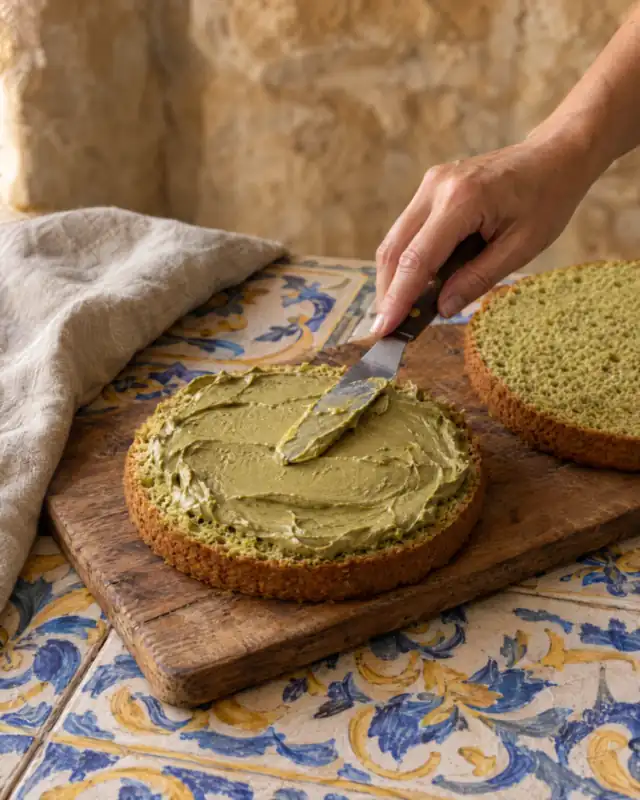 Spalmare la crema di pistacchio sullo strato inferiore della torta