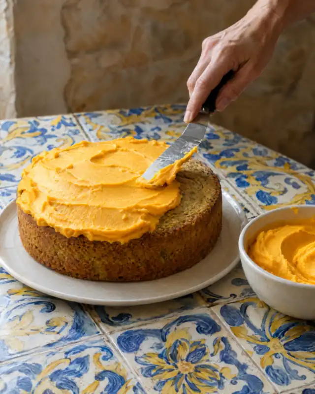 Spalmare la Crema all'Arancia Scyavuru sulla torta raffreddata
