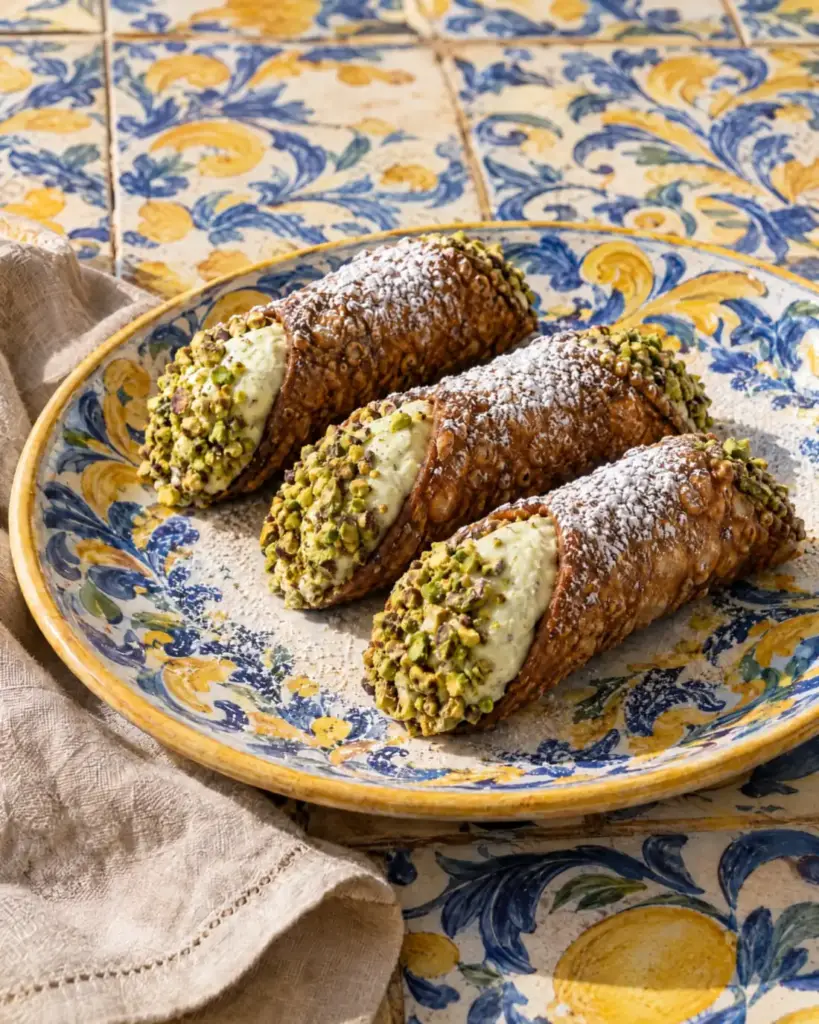 Pistazien-Cannoli mit Kakaoschalen