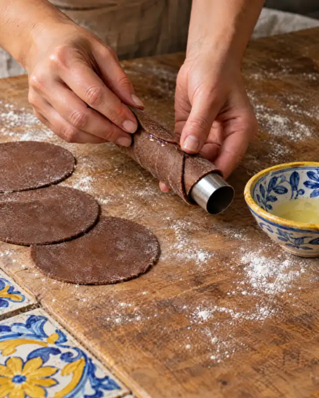 Tagliare dei dischi di impasto al cacao e avvolgerli attorno a un tubo per cannoli