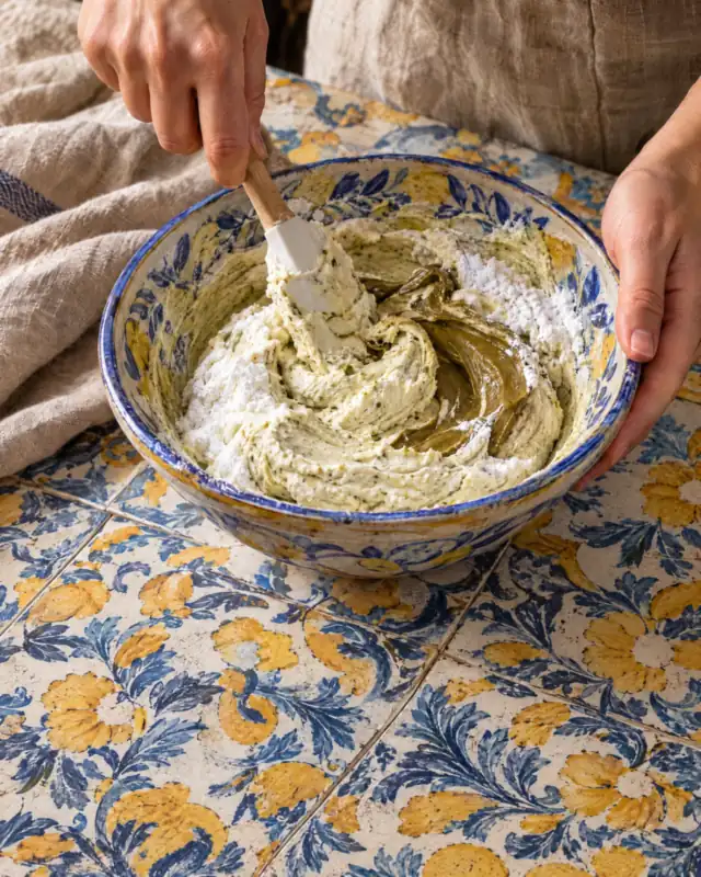 Sbattere la ricotta di pecora con la crema di pistacchio Scyavuru in una ciotola blu