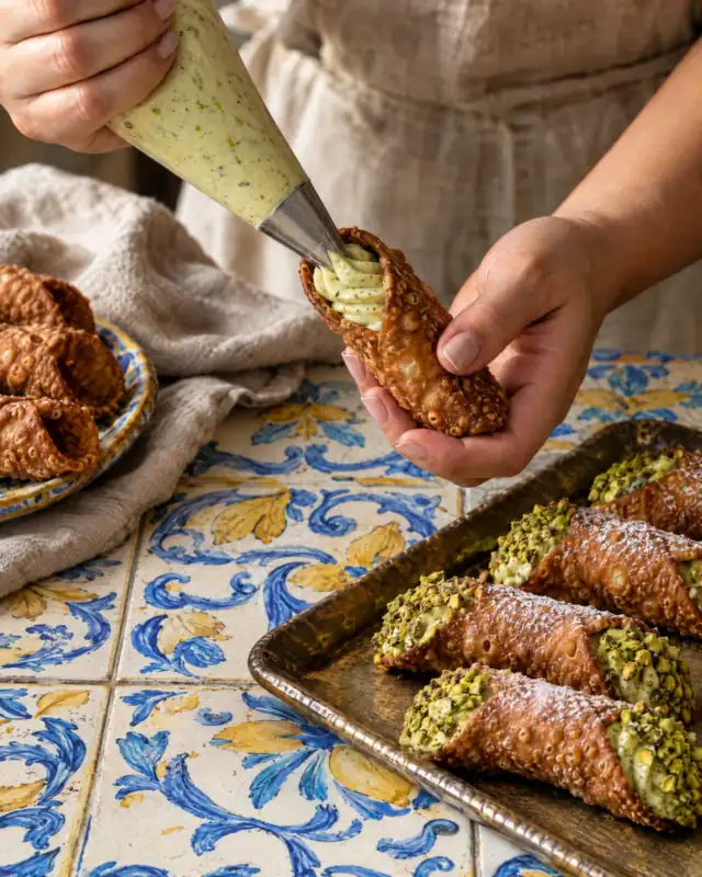 Farcire una cialda di cannolo fritta con la crema di ricotta al pistacchio