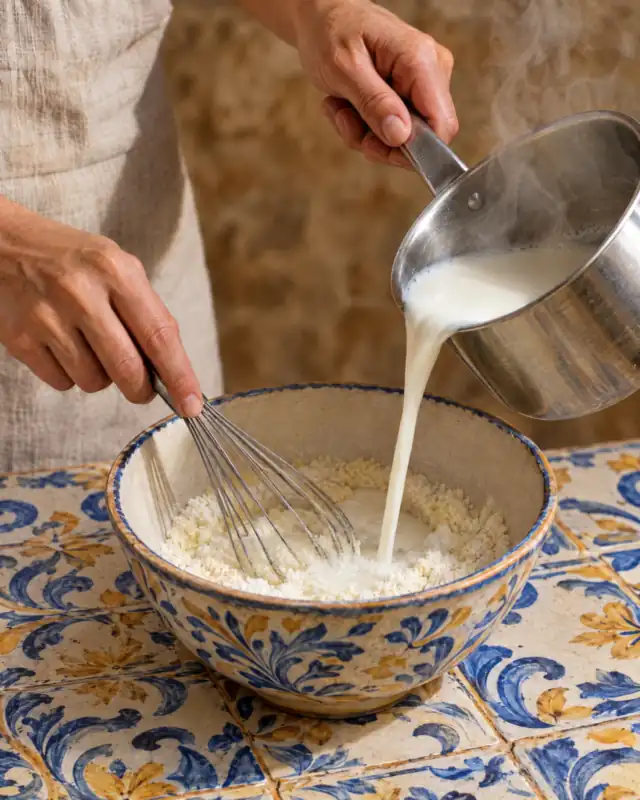 Versare il latte e la panna caldi sul composto secco continuando a mescolare