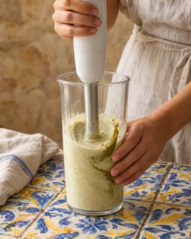 Frullare la crema di pistacchio nella base del gelato con un frullatore a immersione
