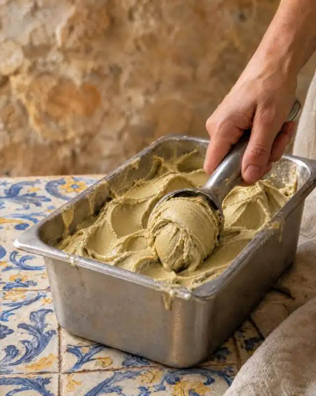 Servire il gelato al pistacchio appena mantecato da una vaschetta