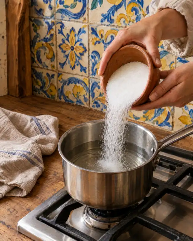 Versare lo zucchero in un pentolino per preparare lo sciroppo per la granita al pistacchio