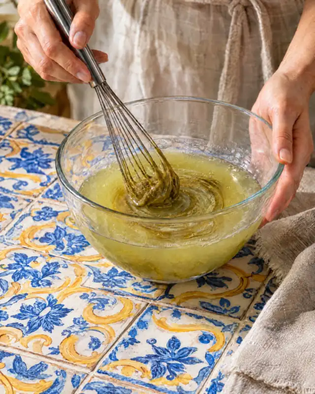 Mescolare la crema di pistacchio nello sciroppo raffreddato in una ciotola di vetro