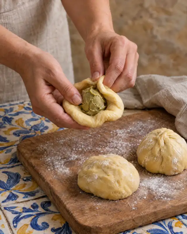 Chiudere l'impasto attorno a una porzione congelata di crema al pistacchio
