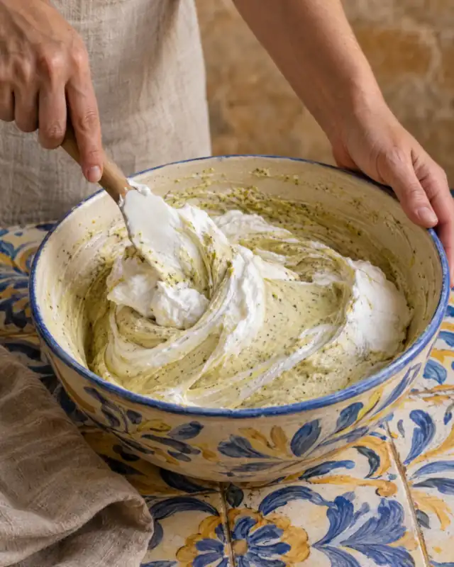 Incorporare la crema di pistacchio nel mascarpone e nella panna montata in una ciotola