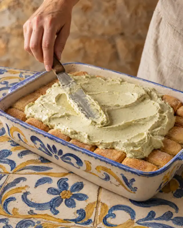 Spalmare la crema di pistacchio su uno strato di savoiardi in una pirofila