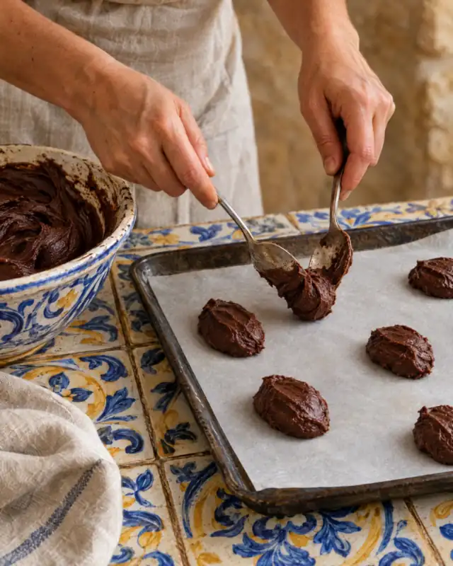 Disporre l'impasto al cacao su una teglia a cucchiaiate per formare degli ovali