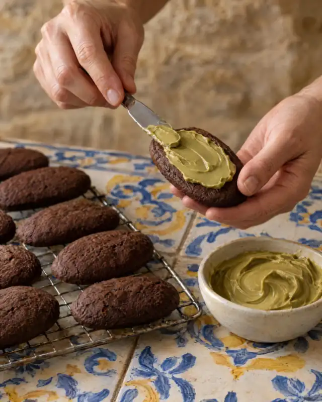 Spalmare la crema di pistacchio su un rame di napoli raffreddato