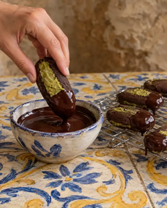Immergere un biscotto nel cioccolato fondente fuso