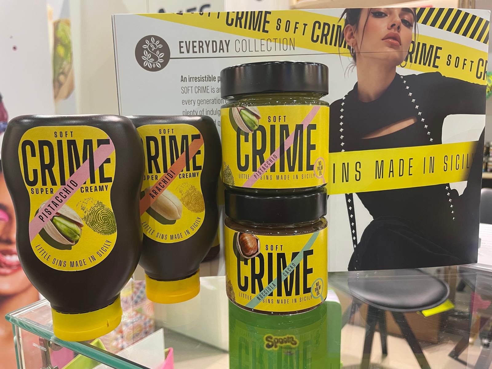 Scyavuru SIAL Paris display of Soft Crime pistachio, peanut and hazelnut cocoa spreads and Super Creamy squeezable bottles