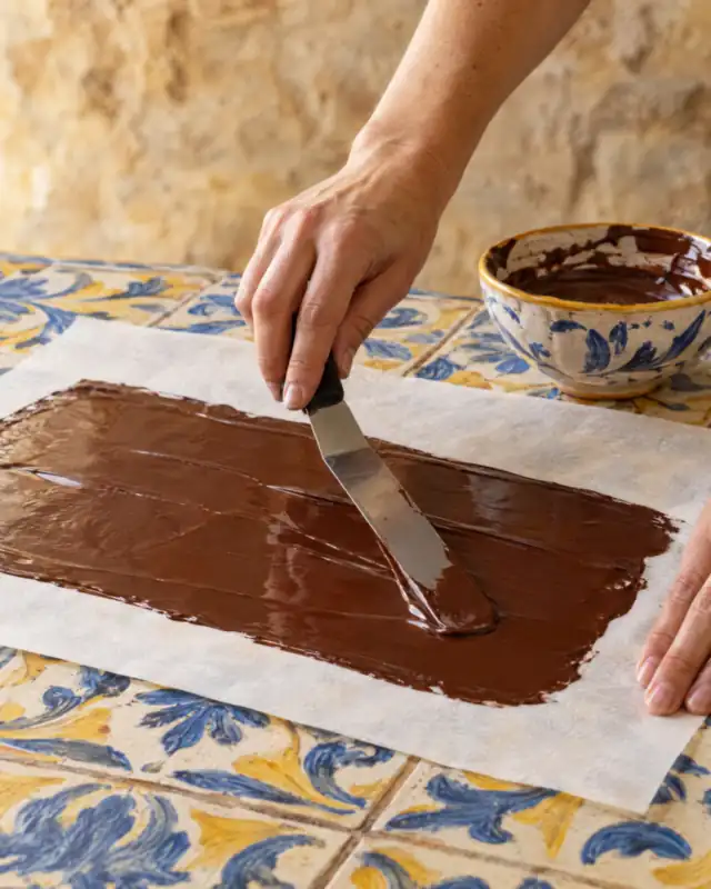 Stendere sottilmente il cioccolato fuso su carta da forno per creare i veli di cioccolato