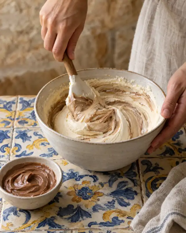 Incorporare la pasta di nocciole nella crema bavarese in una ciotola