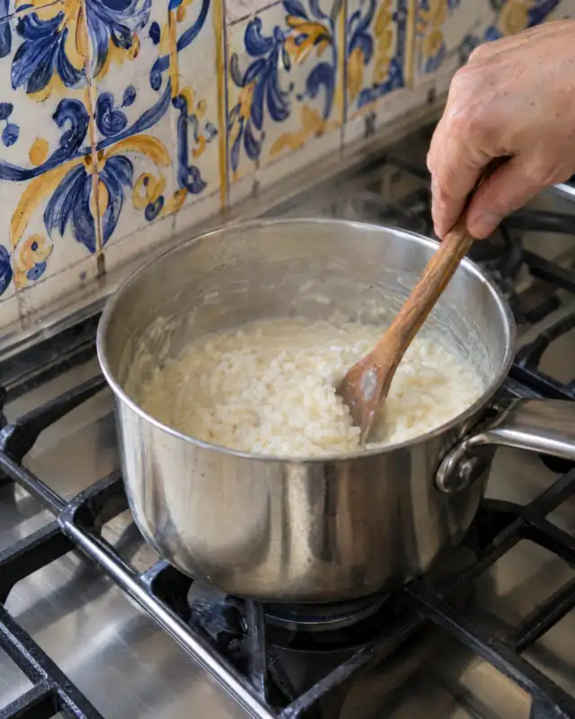 Mescolare il riso cremoso in un pentolino sul fornello