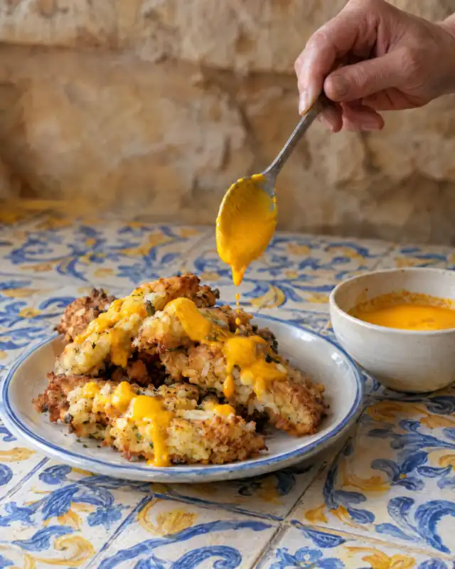 Versare la guarnizione all'arancia sopra le zeppole di riso appena fritte